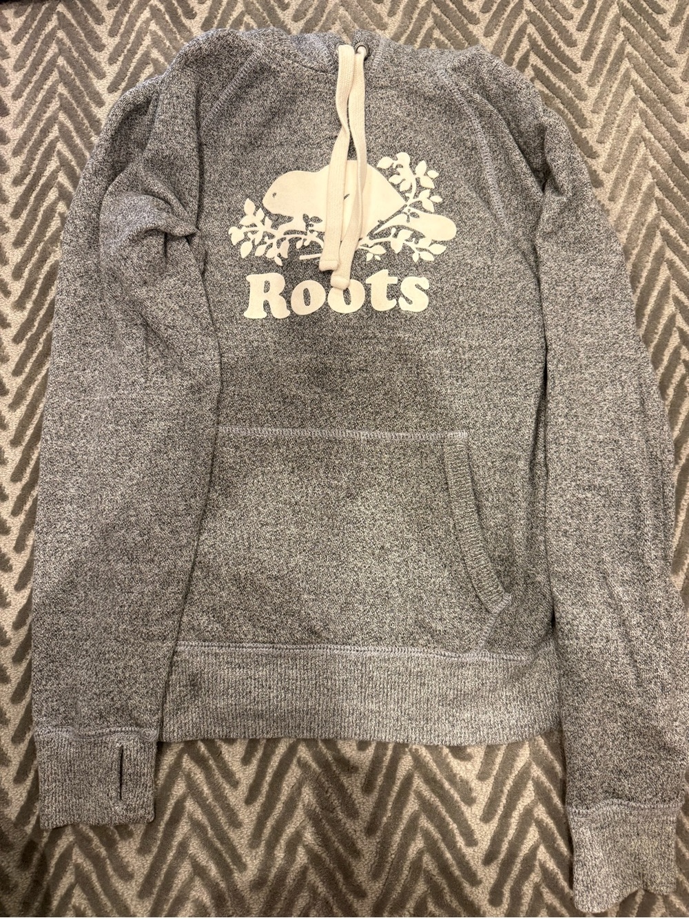 Roots Heather Gray Hoodie with Cream Maple Patch